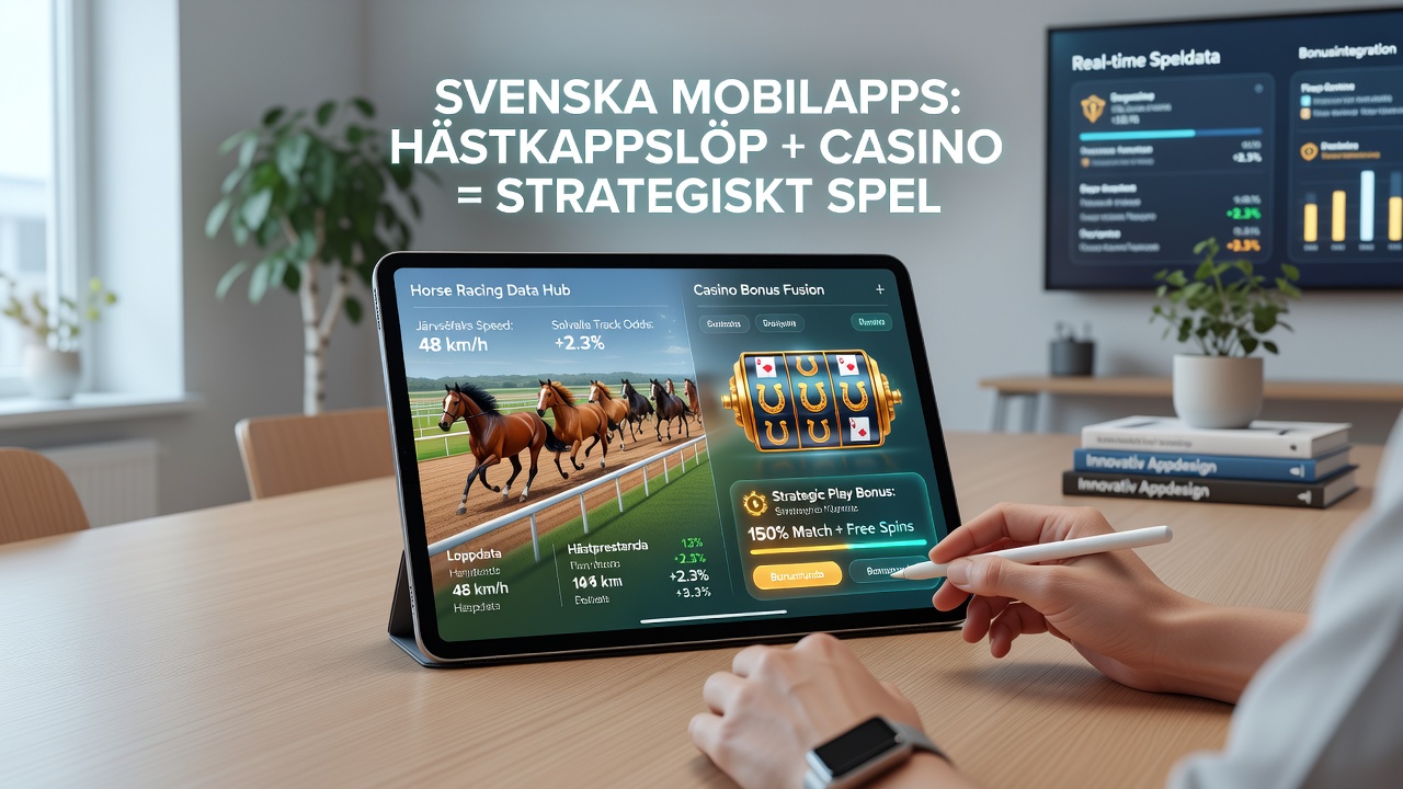 Detailed view of a Swedish betting app showing statistical overlays on a harness race alongside a casino bonus progress tracker and suggested strategic moves